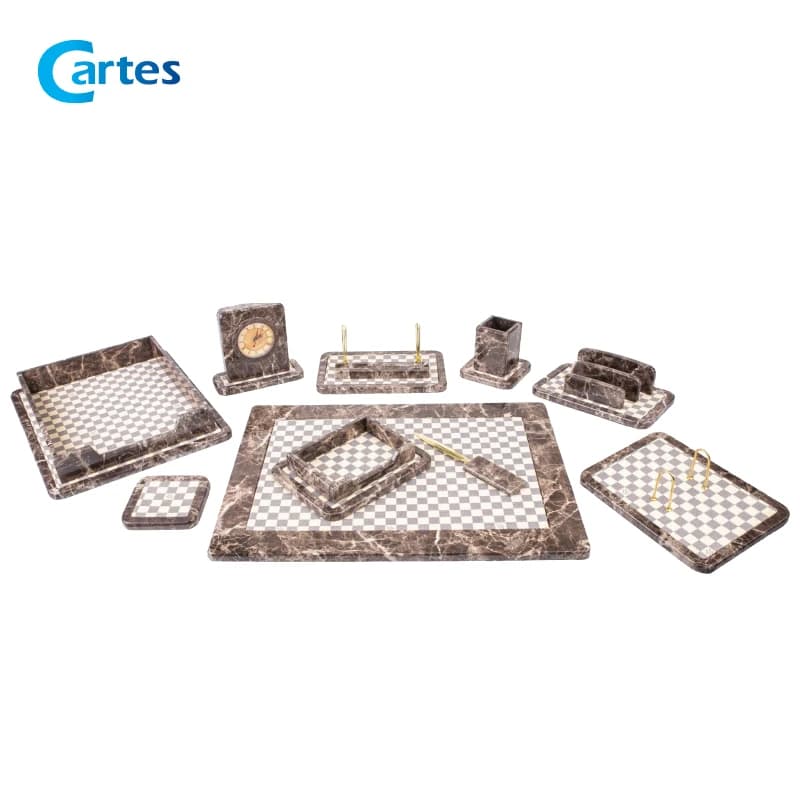 ست رومیزی مدیریتی 10 پارچه چوب و چرم کد 910 طرح سنگ تیره — تصویر ۲