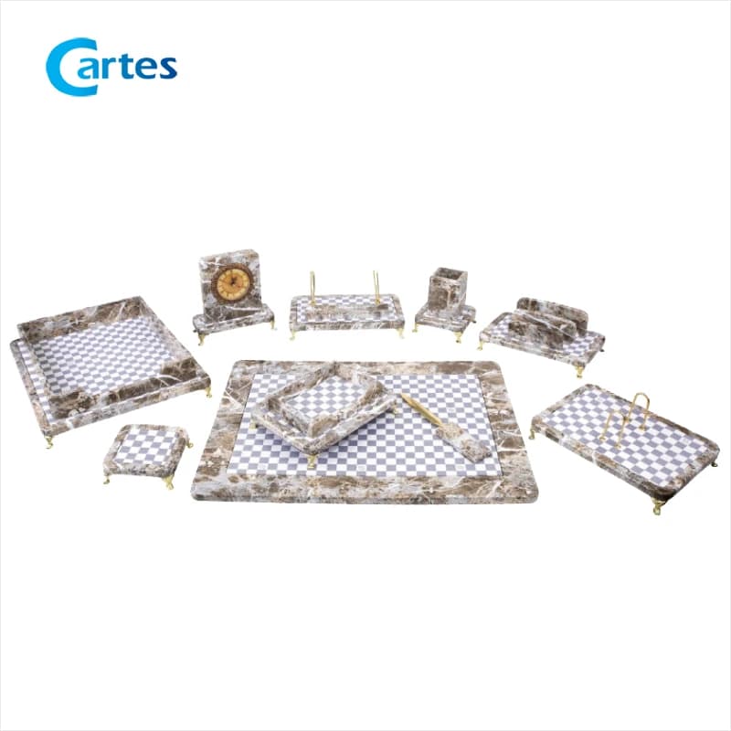 ست رومیزی اداری 10 پارچه چوب و چرم کد 910p طرح سنگ روشن