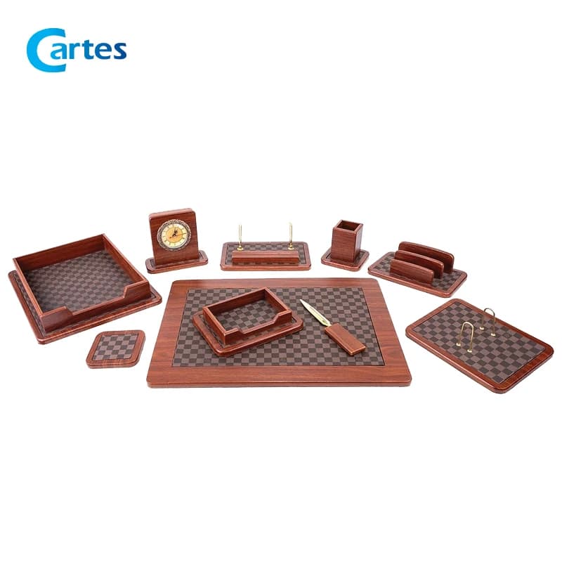 ست رومیزی مدیریتی 10 پارچه چوب و چرم کد 910 قهوه ای