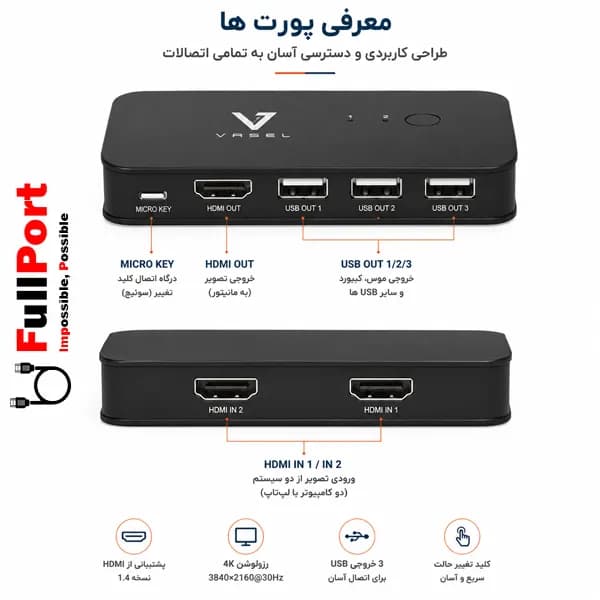 سوئیچ کی وی ام 2 خروجی دستی HDMI+USB واصل مدل VSL-HK201 — تصویر ۴