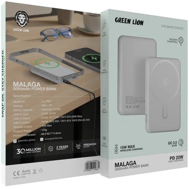 پاور بانک گرین لاین GREEN LION MALAGA ظرفیت 5000 میلی آمپر ساعت مدل GL-PX87 — تصویر ۴