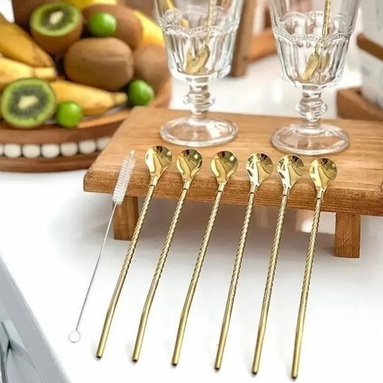 نی شربت خوری استیل طلایی یونیک 6 عددی فرچه دار — تصویر ۶