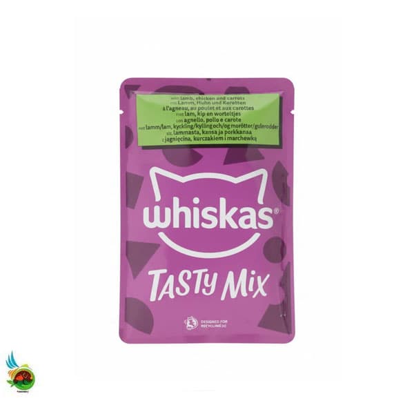 پوچ گربه بالغ ویسکاس تیستی میکس طعم بره، مرغ و هویج در سس Whiskas tasty mix with lamb and chicken &amp; carrot وزن ۸۵ گرم