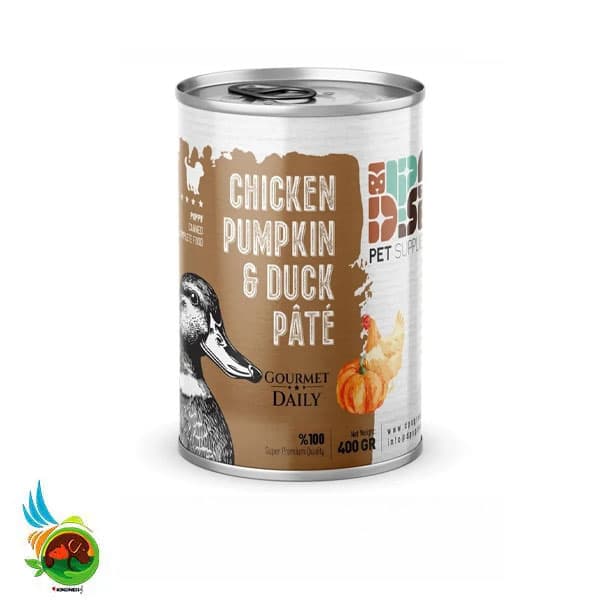 کنسرو پته توله سگ دی پی اس با طعم مرغ، کدوحلوایی و اردک DPS puppy canned food chicken and pumpkin &amp; duck وزن 430 گرم