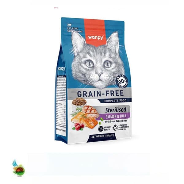 غذای خشک گربه عقیم ونپی بدون غلات طعم سالمون و تن Wanpy adult cat sterilised grain free with salmon &amp; tun وزن ۱.۵ کیلوگرم