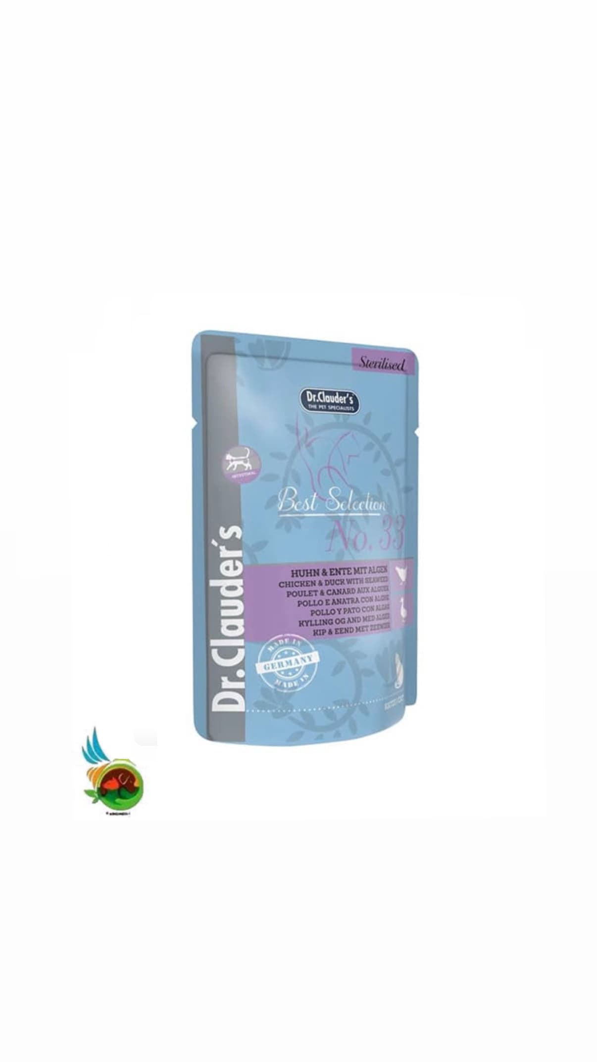 پوچ گربه عقیم دکتر کلادرز مدل سلکشن طعم مرغ و اردک به همراه جلبک Dr.clauders sterilised best selection chicken &amp; duck with seaweed وزن ۸۵ گرم