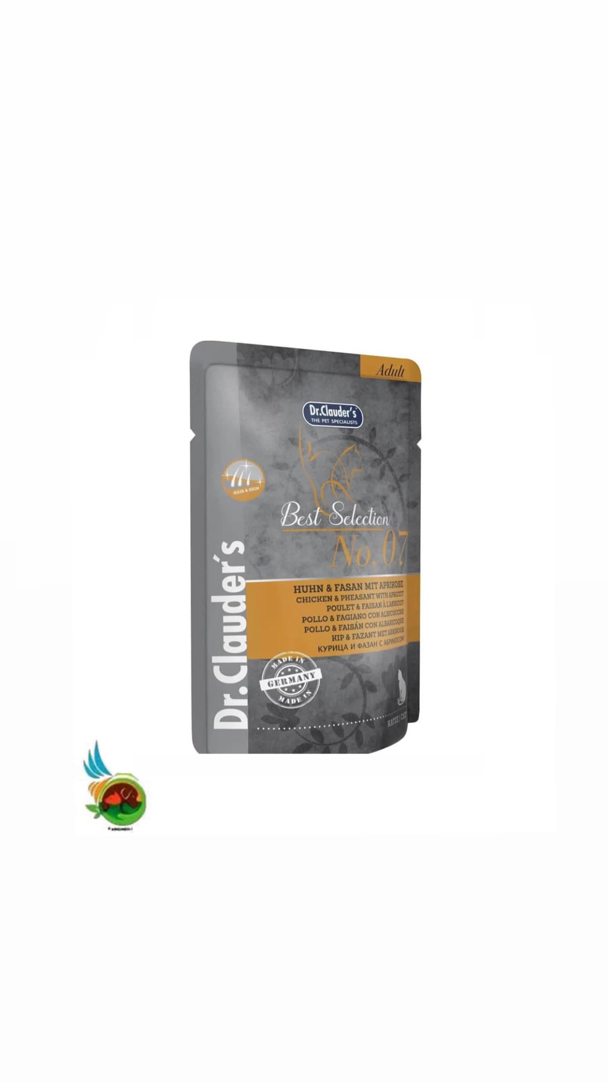 پوچ گربه بالغ دکتر کلادرز مدل سلکشن طعم مرغ و قرقاول به همراه زردآلو Dr.clauders best selection chicken & pheasant with apricot وزن ۸۵ گرم