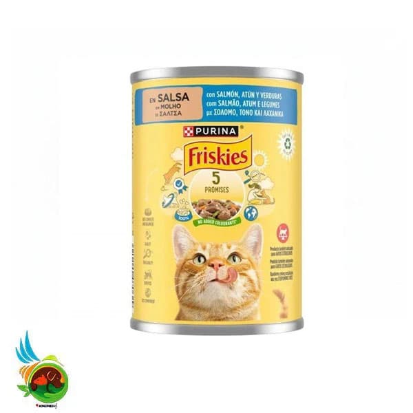 کنسرو گربه فریسکیز طعم سالمون، تن و سبزیجات در سس Friskies with salmon &amp; vegetables and tuna in gravy وزن ۴۰۰ گرم