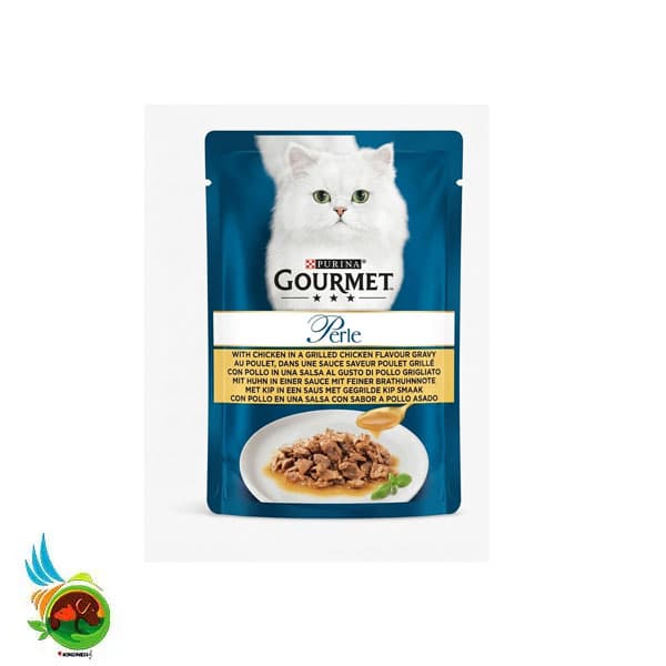 پوچ گربه گورمت پرل طعم مرغ در سس مرغ گریل Purina gourmet perle with chicken in a grilled chicken flavour gravy وزن ۸۵ گرم