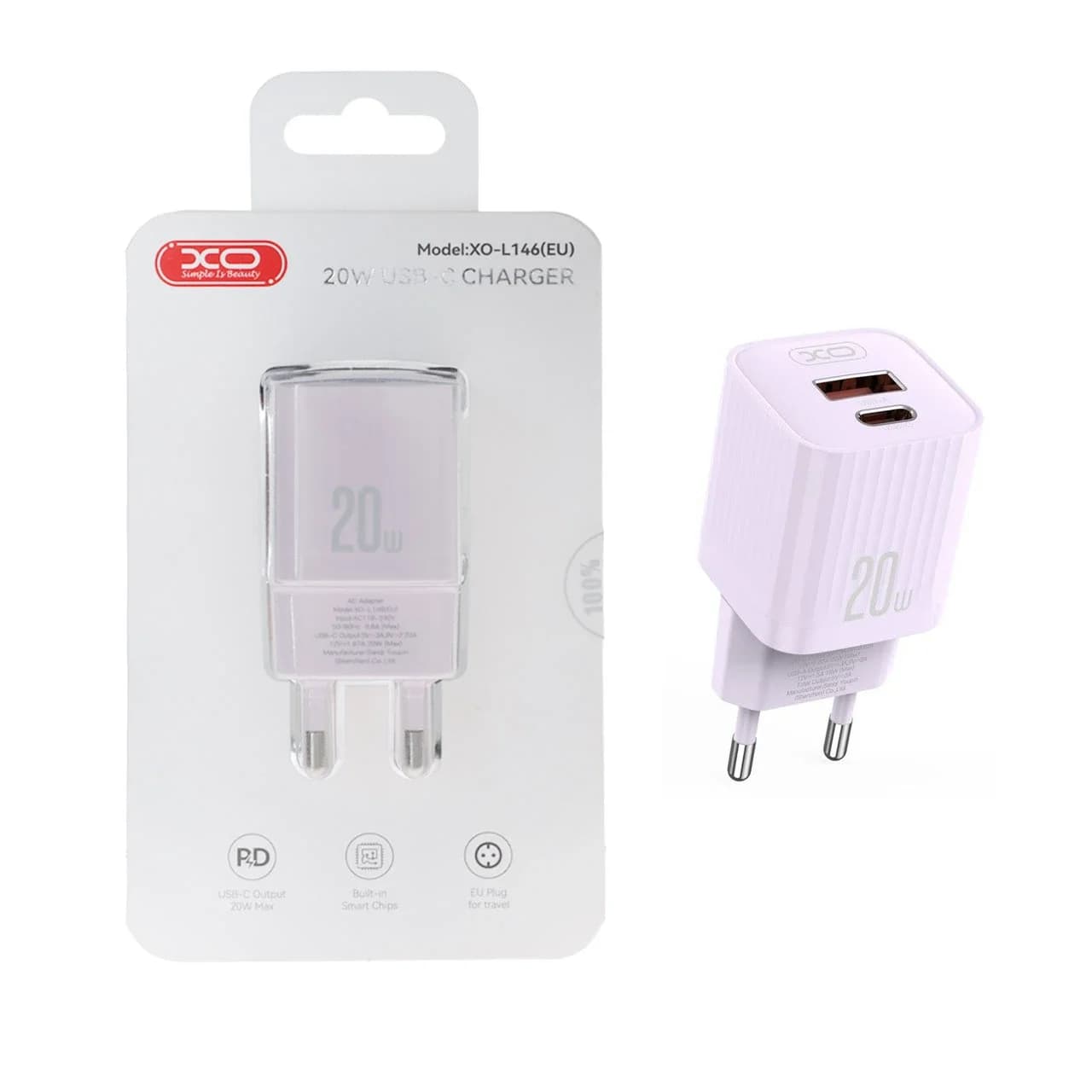 شارژر دیواری PD و فست تک پورت XO مدل XO-L146(EU) 20W – یاسی — تصویر ۲