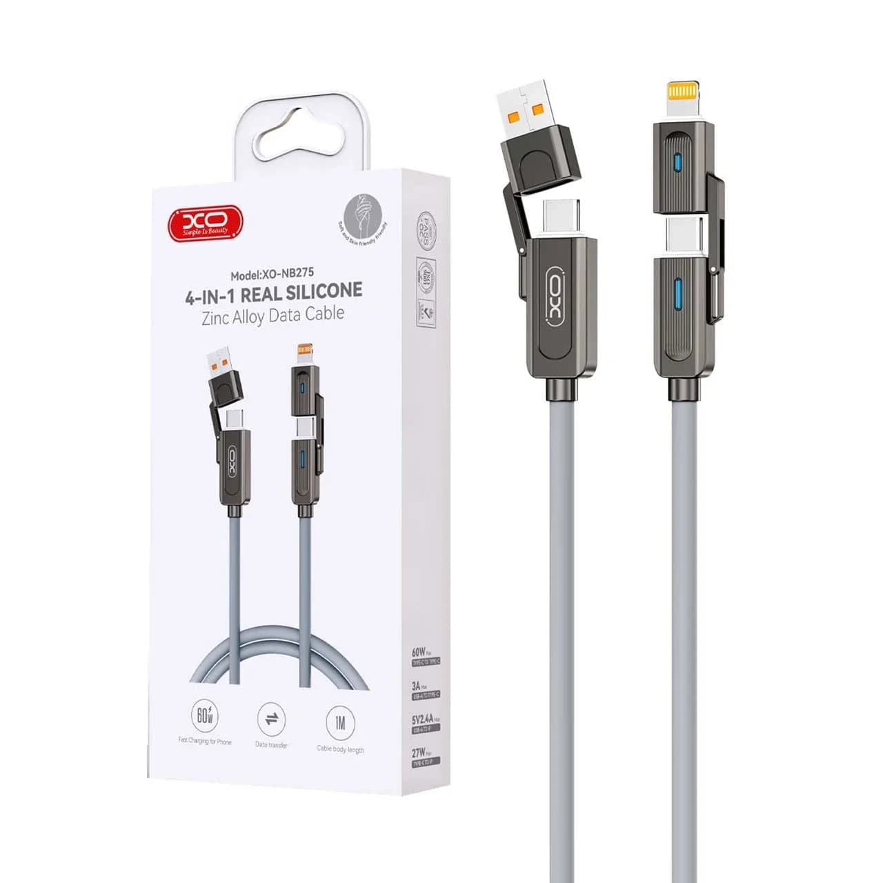 کابل شارژ PD و فست چندکاره XO مدل XO-NB275 60W – خاکستری — تصویر ۲