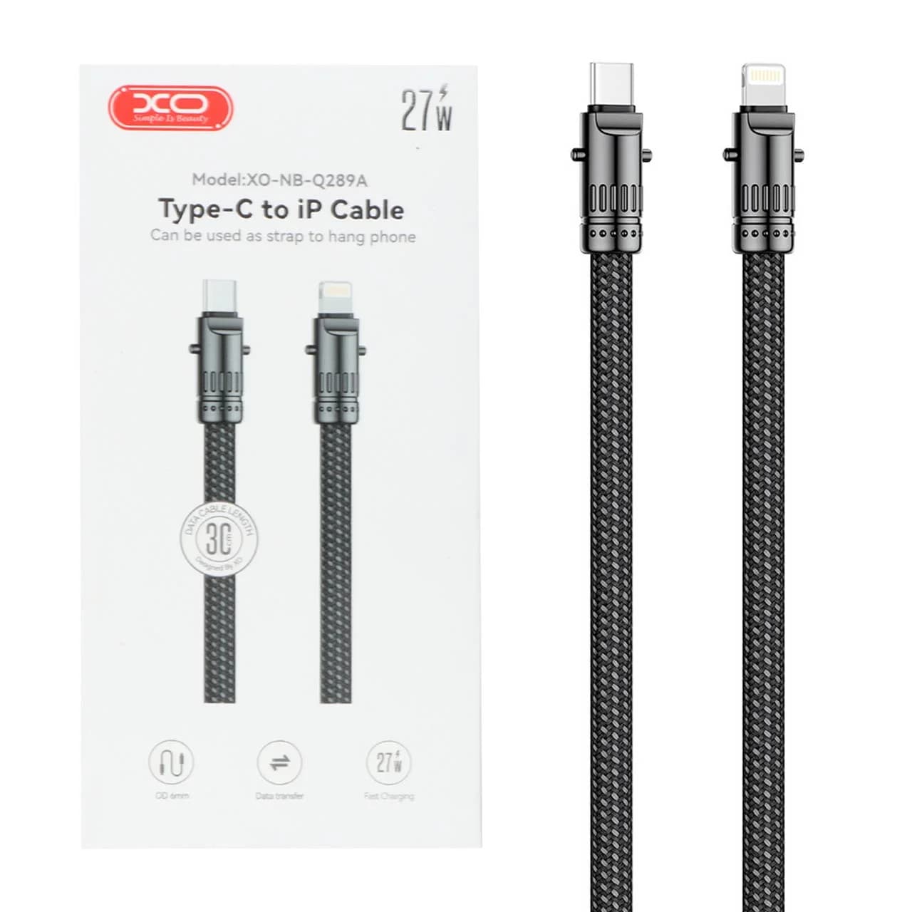 کابل شارژ و دیتا فست پاوربانک 30سانتی متری XO Type-C to Lightning مدل XO-NB-Q289A 27W – مشکی — تصویر ۲