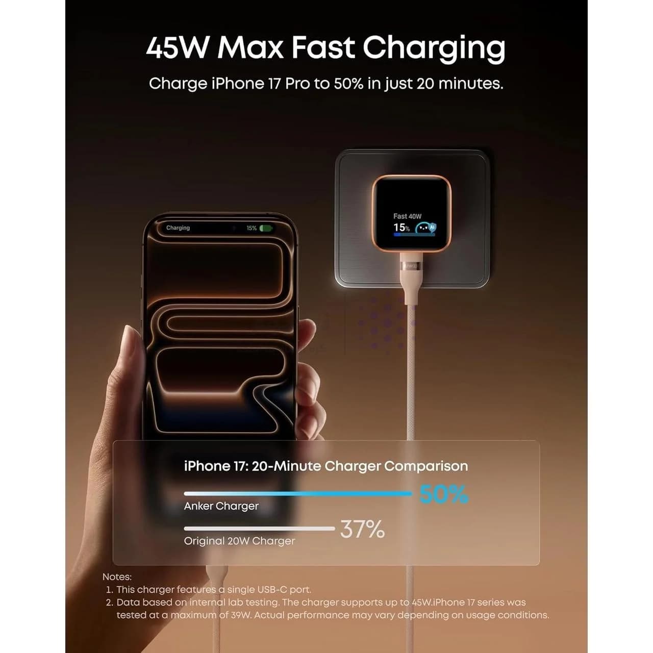 شارژر دیواری فست تک پورت ANKER مدل A121DP31 Nano Charger Foldable 180° 45W – آبی (گارانتی 18 ماهه شرکتی) — تصویر ۴