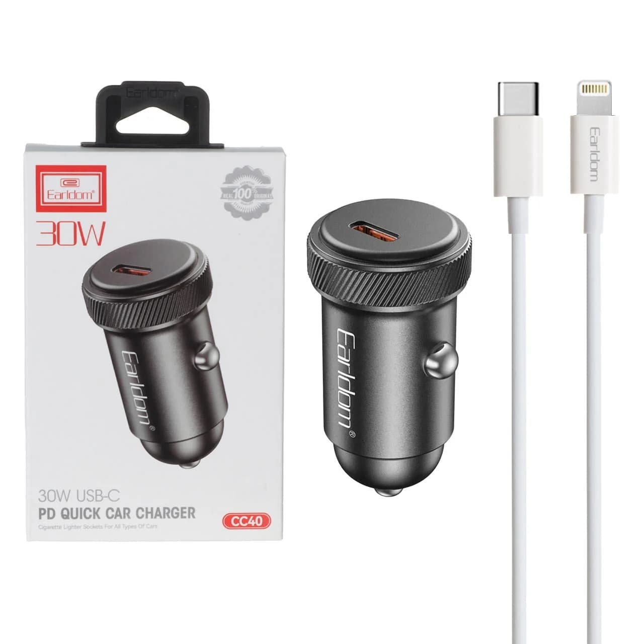 شارژر فندکی PD و فست تک پورت Earldom مدل CC40 30W به همراه کابل شارژ Type-C To Lightning – مشکی — تصویر ۲