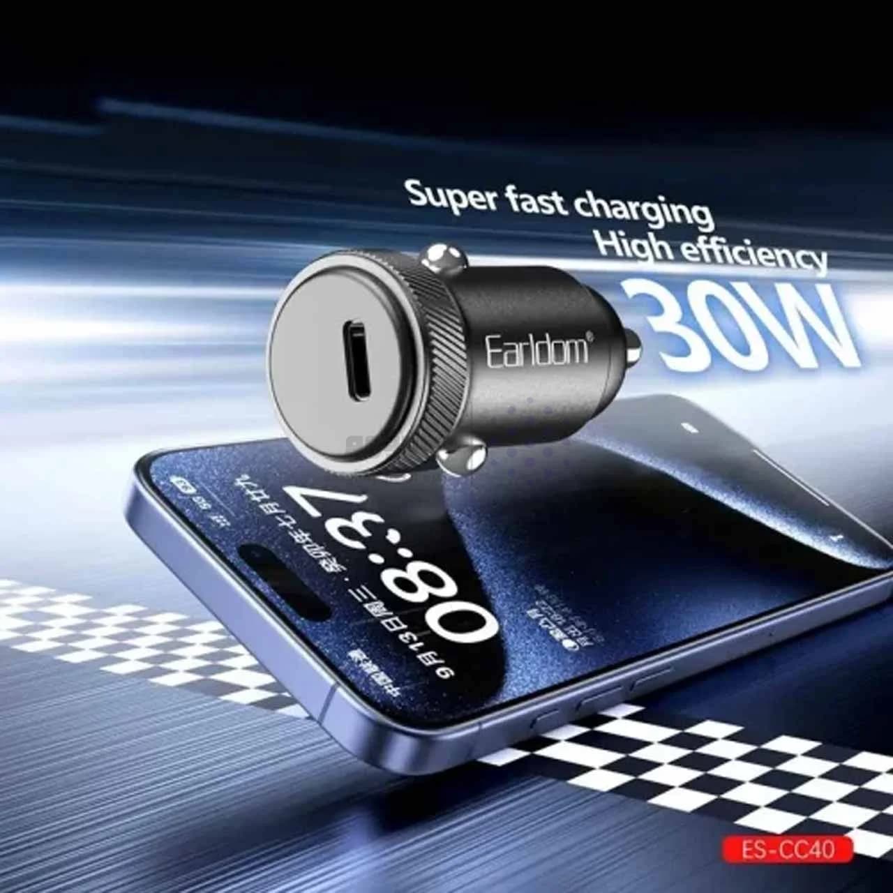 شارژر فندکی PD و فست تک پورت Earldom مدل CC40 30W به همراه کابل شارژ Type-C To Lightning – مشکی — تصویر ۳