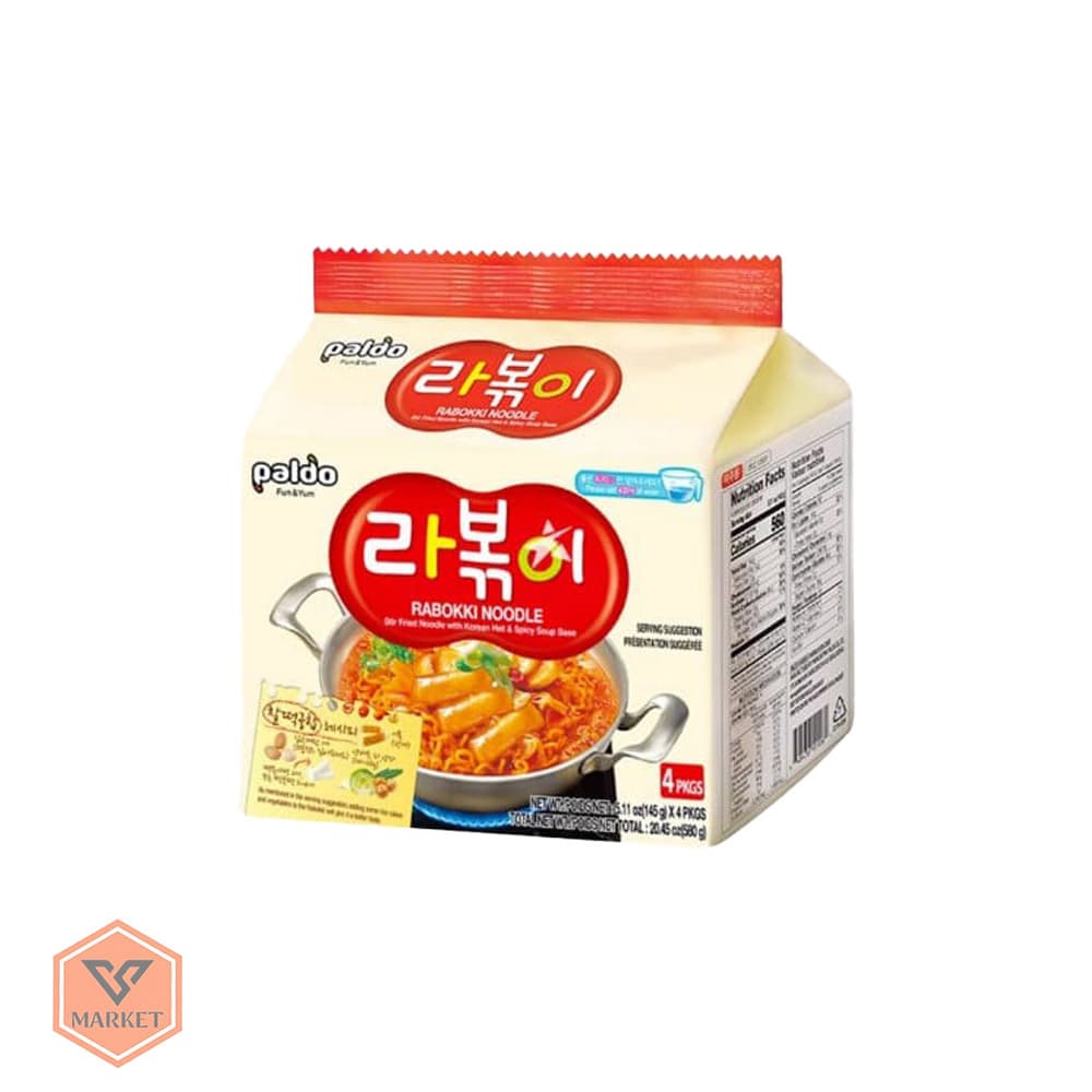 پک 4 عددی نودل کره‌ای پالدو طعم رابوکی تند و شیرین (Paldo Rabokki Noodle) – وزن کل 580 گرم