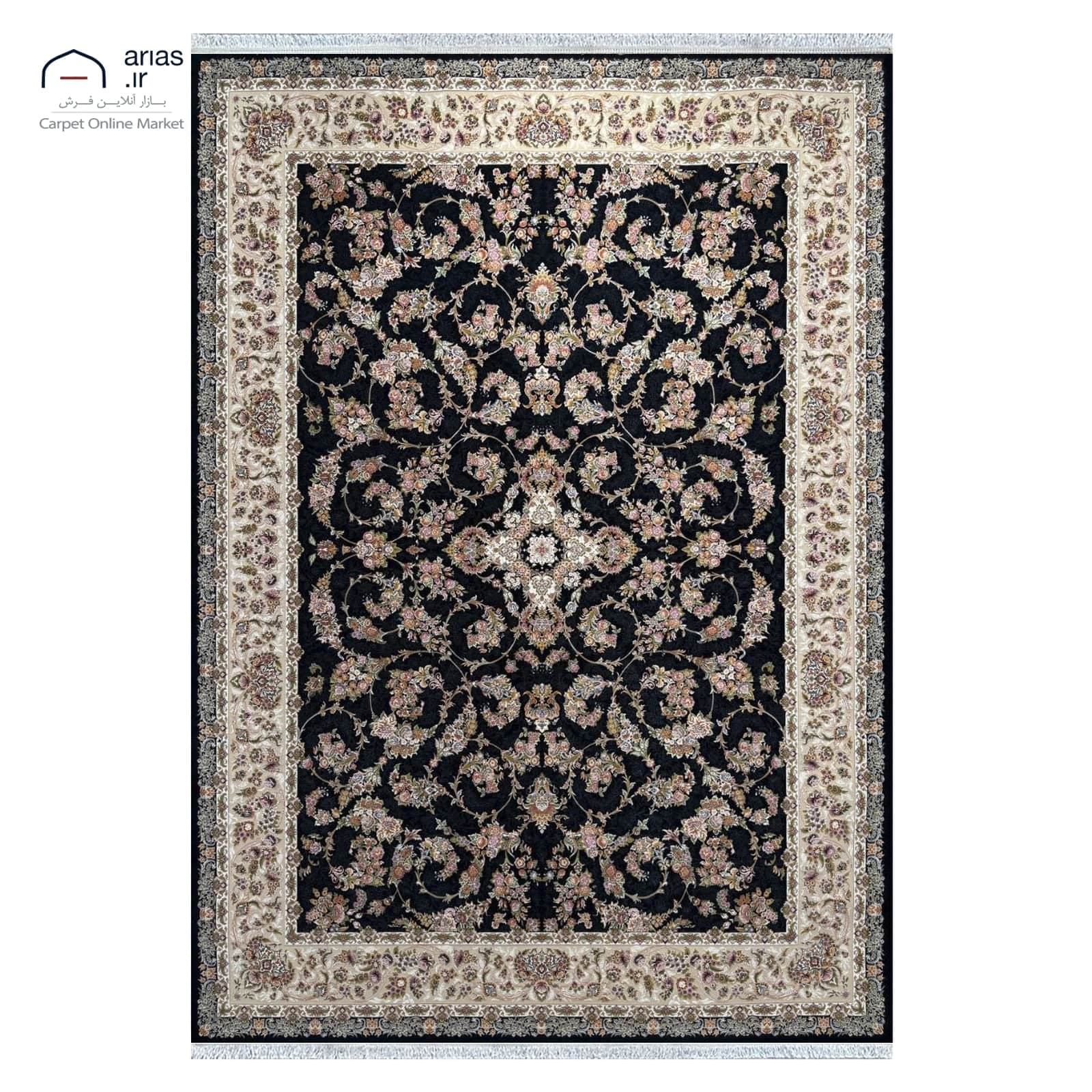 فرش ماشینی 4 متری آریاس طرح شاهکار زمینه سرمه ای کد MT04148