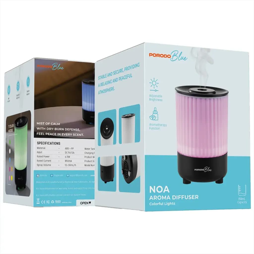 دستگاه بخور سرد و دیفیوزر معطرکننده پرودو مدل Porodo Blue Noa Aroma Diffuser with Colorful Lights