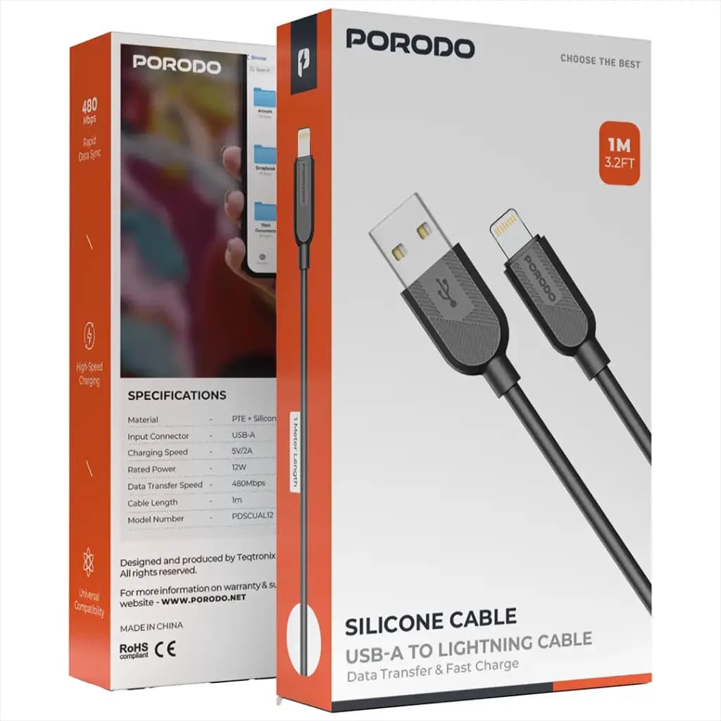 کابل تبدیل USB-A به Lightning سیلیکونی پرودو مدل Porodo Silicone USB-A to Lightning Cable — تصویر ۱۲