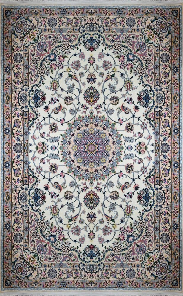 فرش دستباف نایین کرم نقشه لچک و ترنج ۹ لا گل ابریشم – سایز پردهای (۱۶۸ × ۲۶۳ سانتیمتر) کد D28139