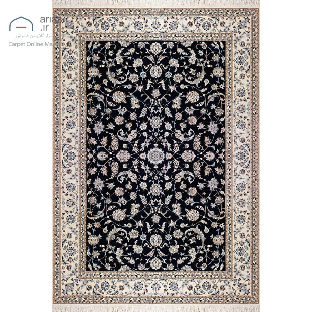فرش دستباف نایین سرمهای نقشه افشان ۶ لا گل ابریشم – ۶ متری کد D28117