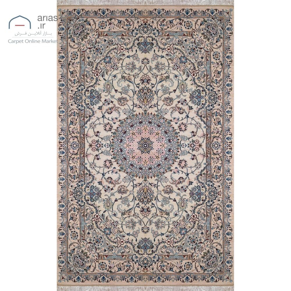 فرش دستباف نایین ۴متری کرم نقشه لچک و ترنج ۹ لا گل ابریشم کد D28113