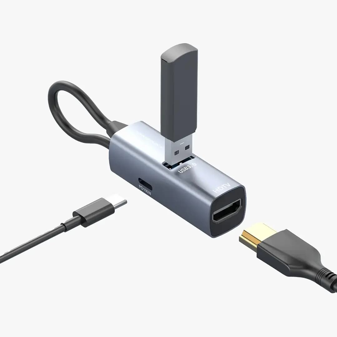 هاب USB-C پاورولوژی مدل Powerology Aluminum Mini USB-C Hub با کابل متصل و بدنه آلومینیومی — تصویر ۱۲
