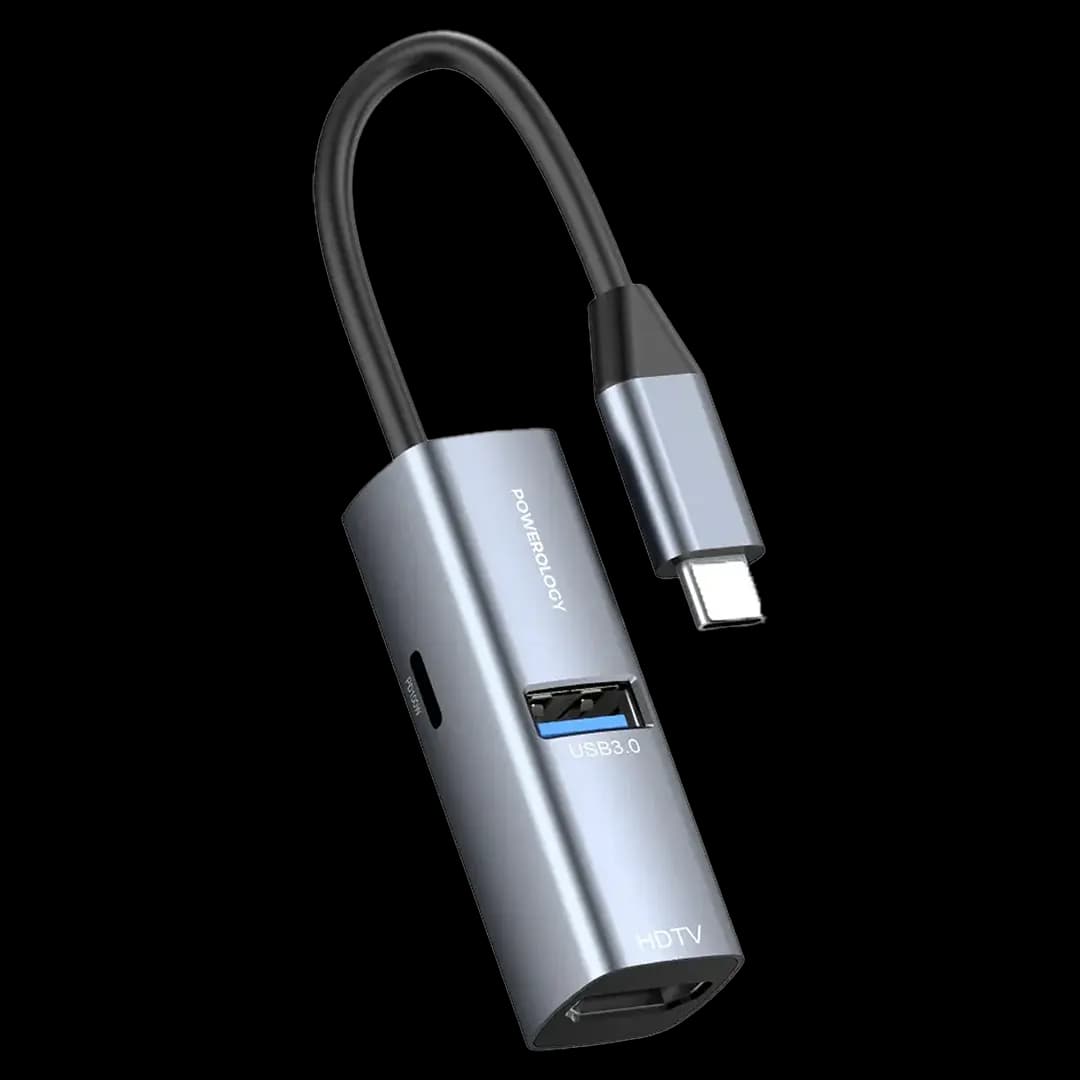 هاب USB-C پاورولوژی مدل Powerology Aluminum Mini USB-C Hub با کابل متصل و بدنه آلومینیومی — تصویر ۸