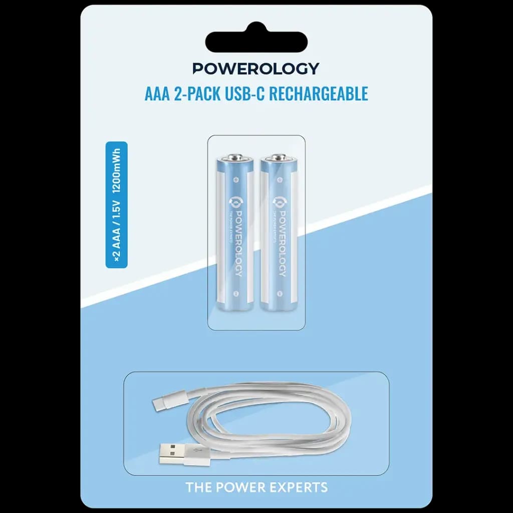 باتری نیم‌قلمی قابل شارژ پاورولوژی مدل Powerology AAA 2-Pack USB-C Rechargeable — تصویر ۲