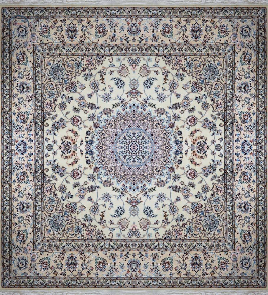 فرش دستباف نایین مربع ۲×۲ متر لچک و ترنج کرم ۶ لا گل ابریشم کد D28106