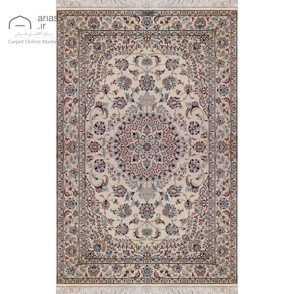 قالیچه دستباف نایین ۶لا کرم گل ابریشم – نقشه لچک و ترنج کد D28104 — تصویر ۳