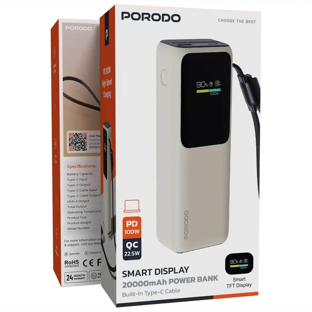 پاوربانک ۲۰۰۰۰ میلی‌آمپر پرودو مدل Smart Display با کابل تایپ‌سی داخلی — تصویر ۹