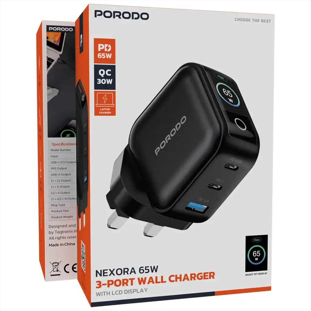 آداپتور شارژر دیواری پرودو مدل Nexora PD-WCP5265 ظرفیت ۶۵ وات با نمایشگر دیجیتال — تصویر ۹