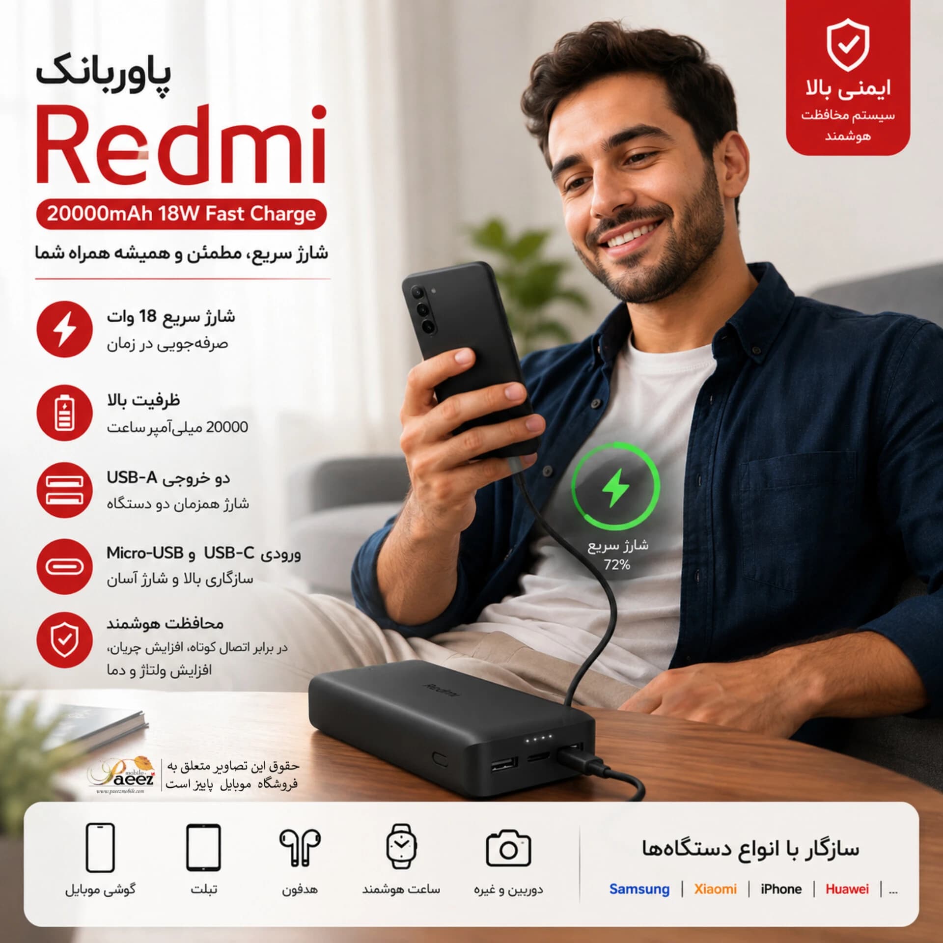 پاوربانک شیائومی Redmi 20000mAh 18W Fast Charge اصلی — تصویر ۱۲