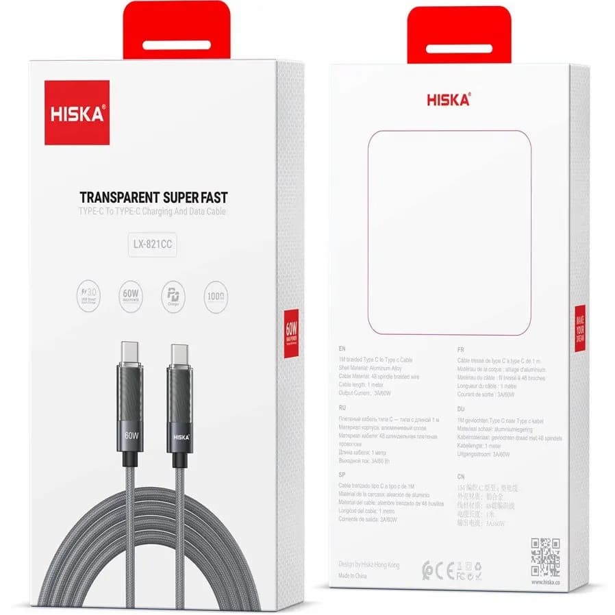 کابل دو سر تایپ سی فست شارژ 60 وات هیسکا LX-821CC طول 1 متر(اصل) — تصویر ۵