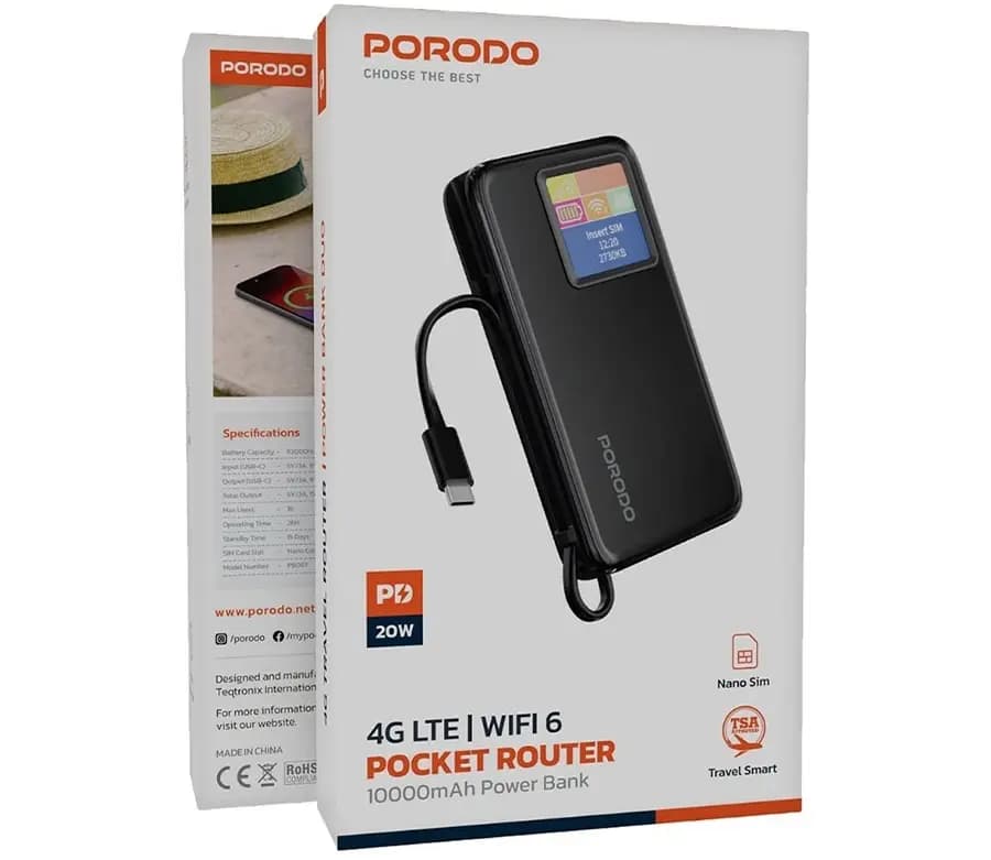 مودم جیبی Porodo 4G LTE با WiFi 6 و پاوربانک 10000 میلی‌آمپرساعتی