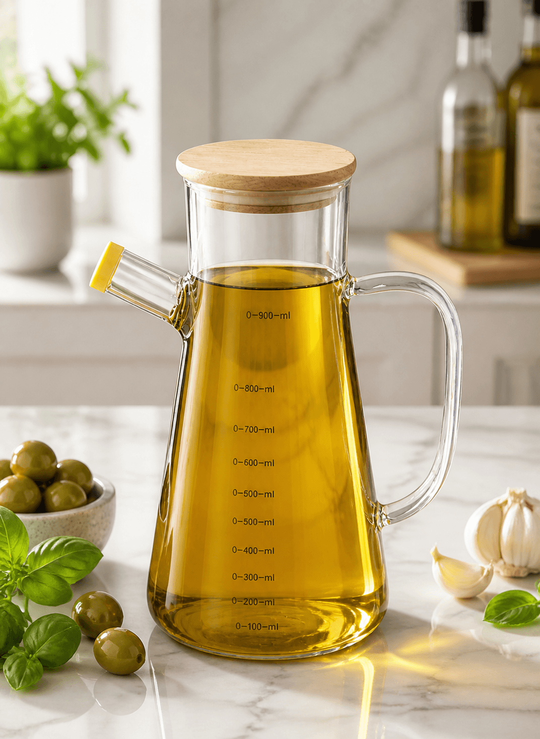 ظرف روغن ریز پیرکس درب بامبو ظرفیت 900 میلی لیتر