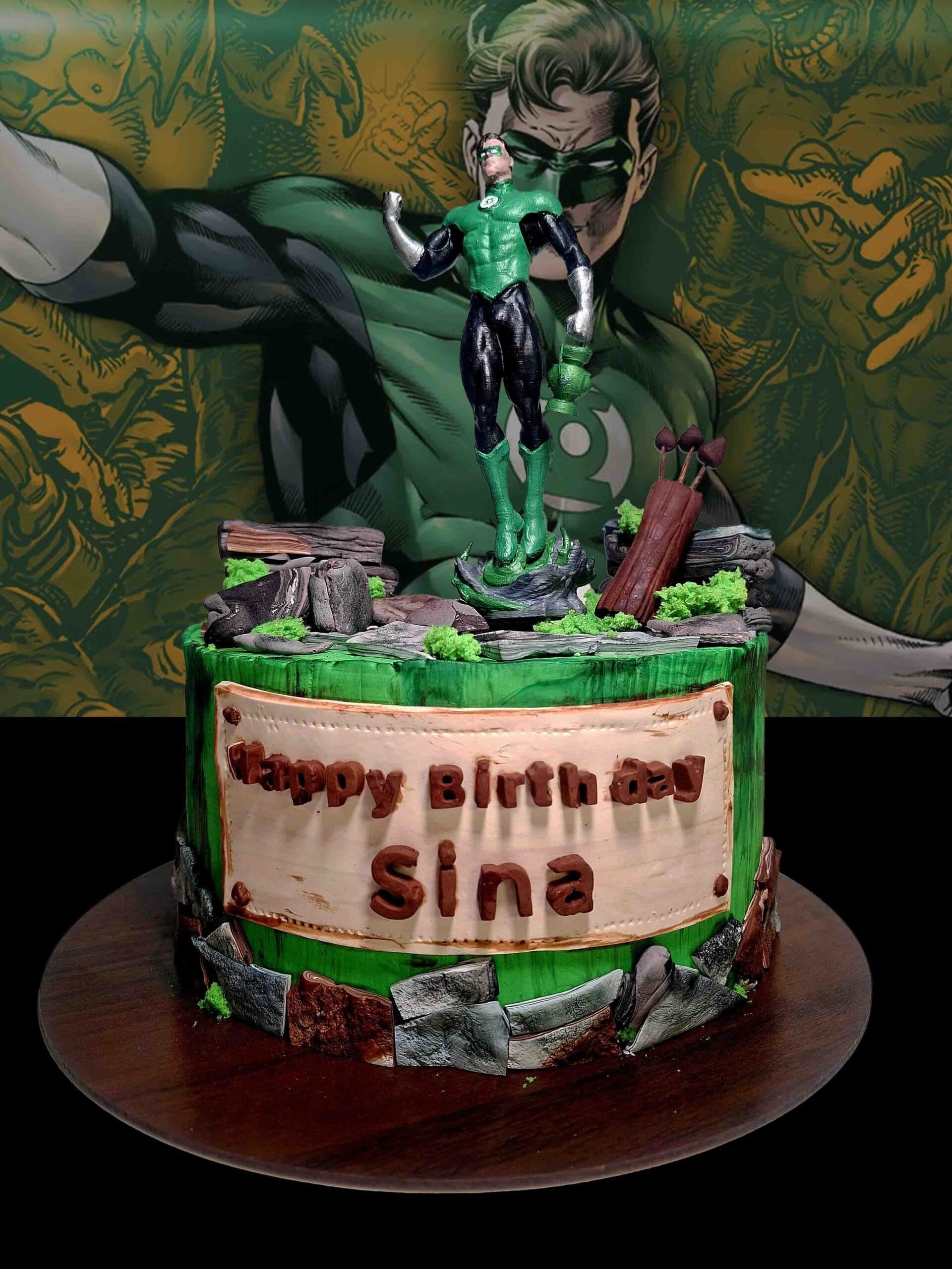 🎂🟢 کیک فیگور یوهولند طرح فانوس سبز | Green Lantern Figure Cake | ترکیب کیک تولد + فیگور دکوری — تصویر ۲