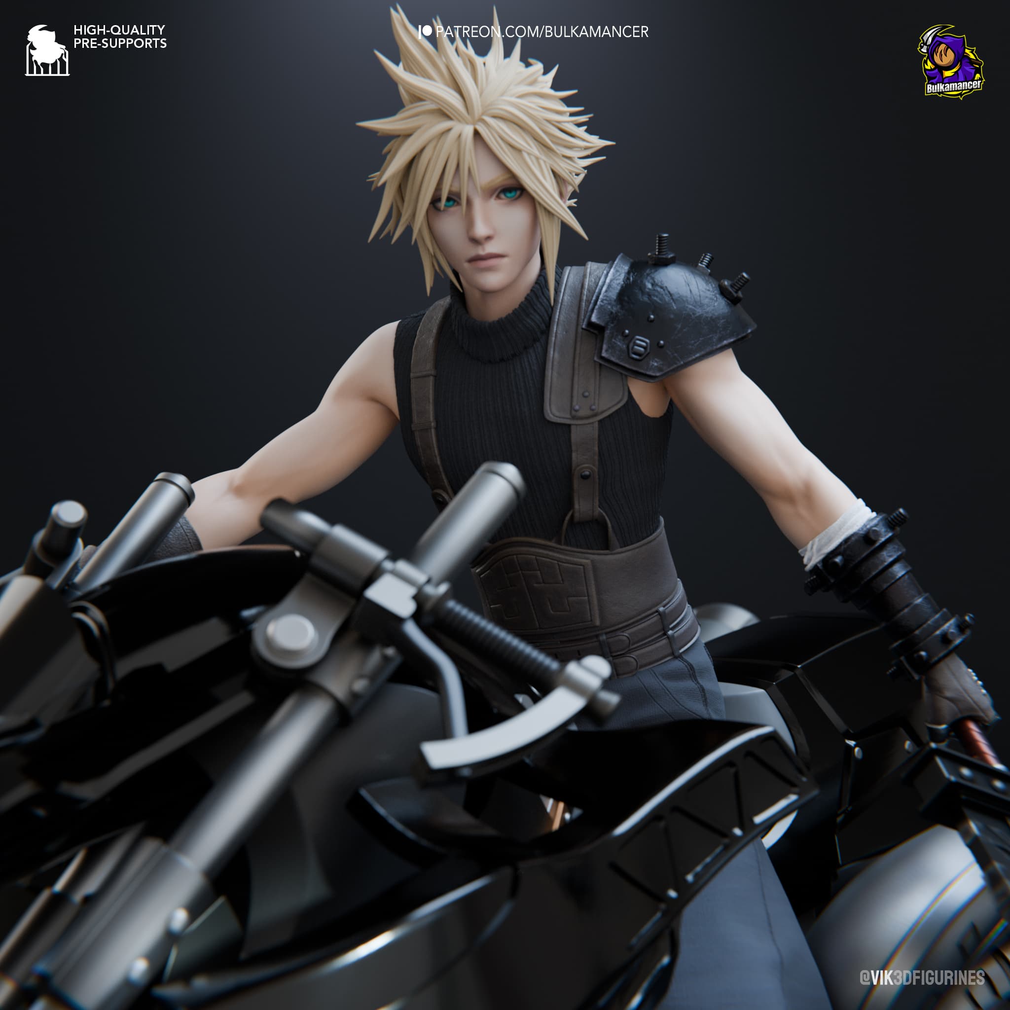 ⚔️ فیگور کلود استرایف (Cloud Strife) روی موتور | جنس PLA+ | ابعاد ۳۷×۲۲×۲۳ سانتی‌متر — تصویر ۳