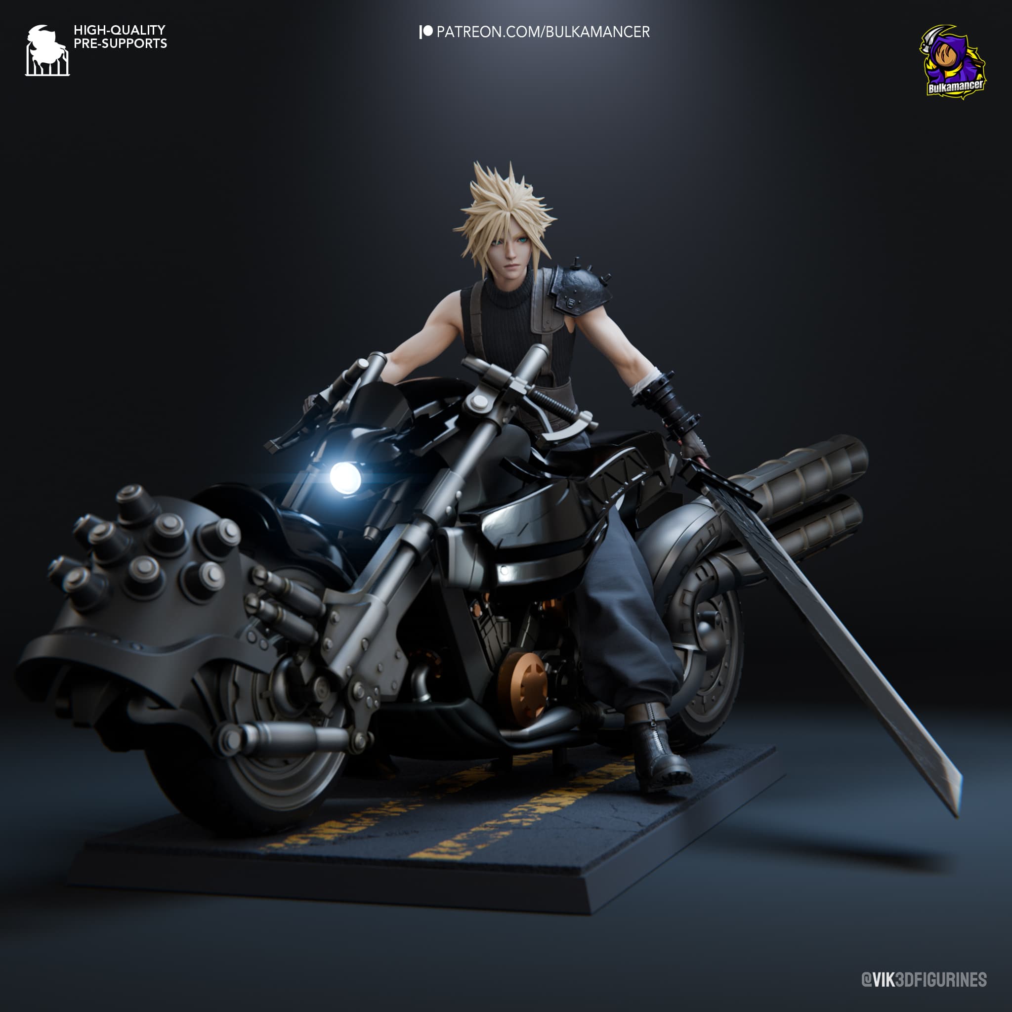 ⚔️ فیگور کلود استرایف (Cloud Strife) روی موتور | جنس PLA+ | ابعاد ۳۷×۲۲×۲۳ سانتی‌متر — تصویر ۴