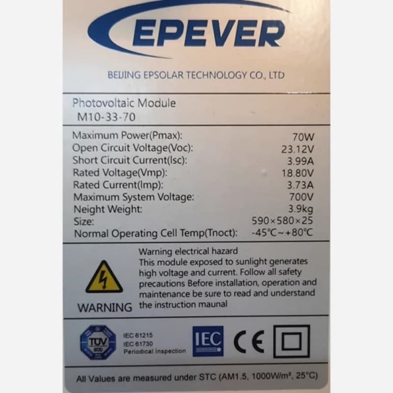 پنل خورشیدی مونو کریستال 70 وات EPEVER مدل M10‑33‑70 — تصویر ۴