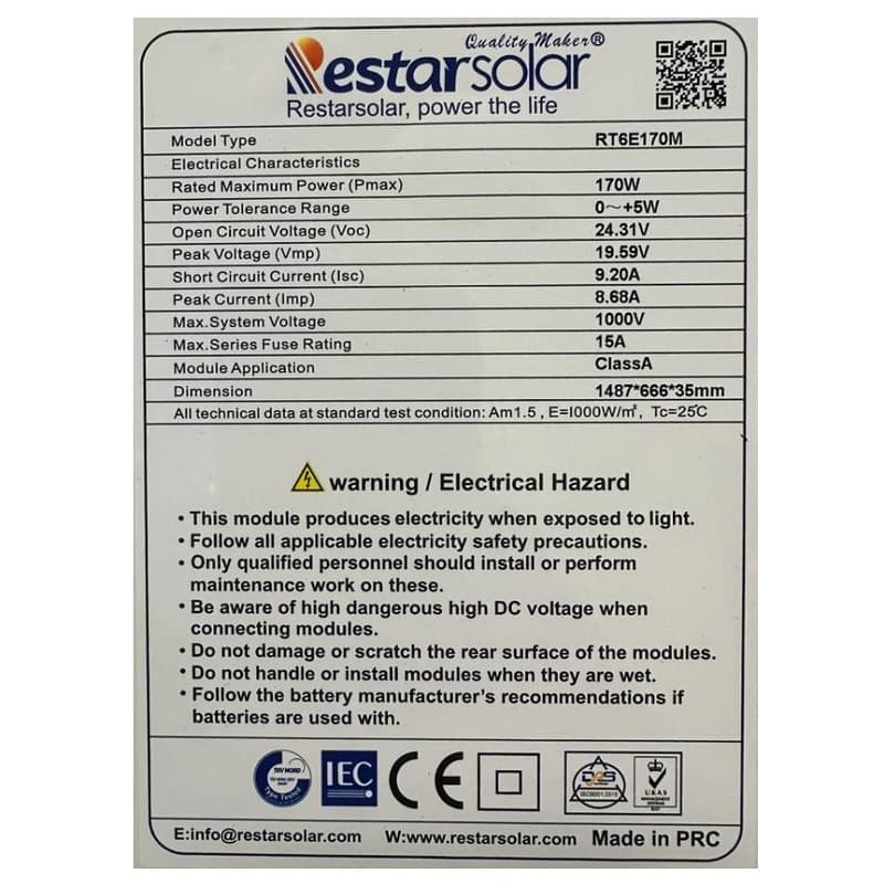 پنل خورشیدی 170 وات مونو کریستال رستار سولار Restar Solar — تصویر ۳