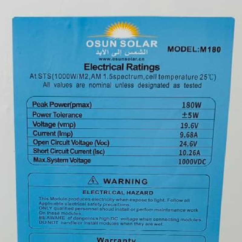 پنل خورشیدی 180 وات مونو کریستال برند OSUN SOLAR — تصویر ۴