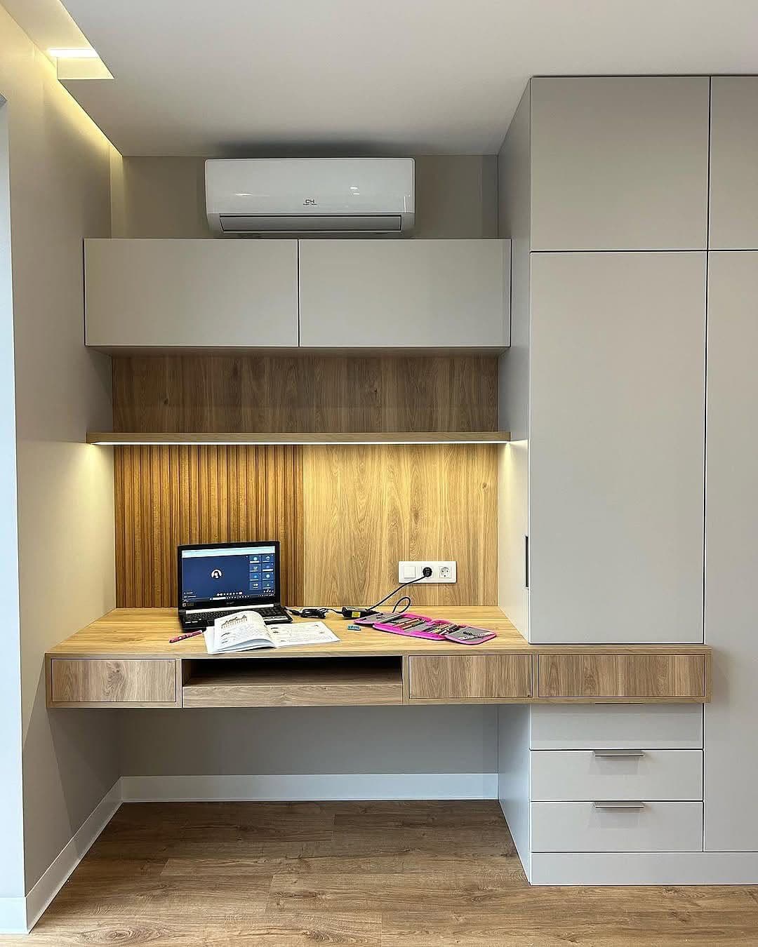 ست کمد، میز تحریر و کتابخانه با MDF حرفه‌ای و رنگ ترکیبی چوب و سفید — تصویر ۲