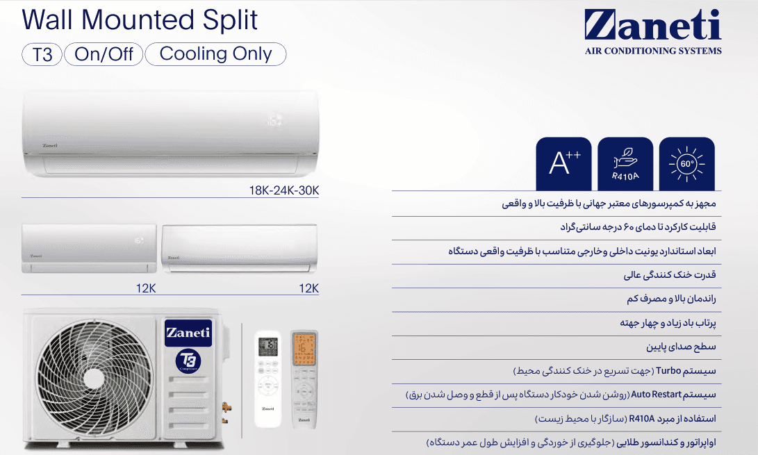کولر گازی زانتی 24000 حاره ای فقط سرد روتاری تروپیکال T3دور ثابت مدل ZTRWMF-24CR3AEAW — تصویر ۵