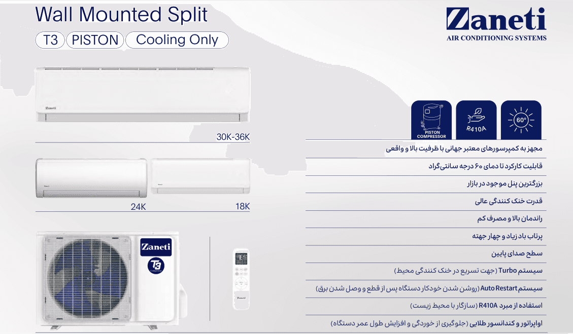 کولر گازی زانتی 30000 حاره ای فقط سرد پیستونی تروپیکال T3دور ثابت مدل ZARWMF-30CP3ACAW — تصویر ۵