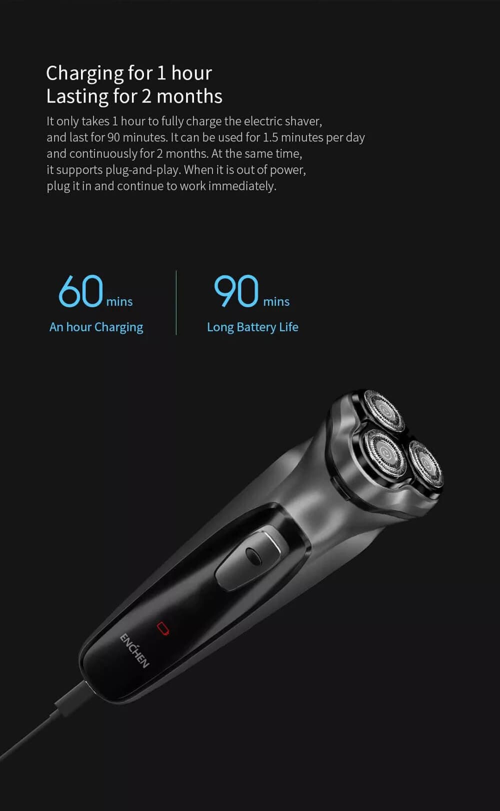 ماشین ریش تراش شیائومی Xiaomi Enchen Black Stone Electric Shaver Three-blade shaver New — تصویر ۴