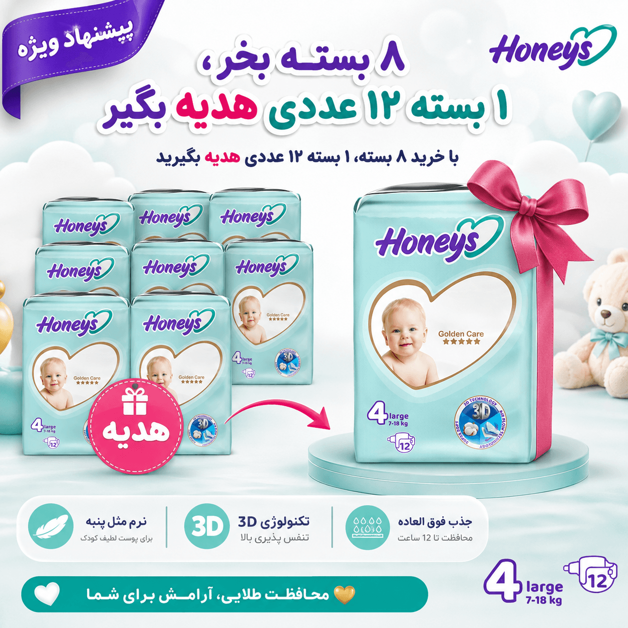 پوشک هانیز سایز ۴ بسته ۱۲ عددی — تصویر ۶