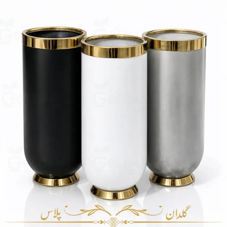 گلدان فایبرگلاس مدل سلین لبه طلایی- 3 سایز