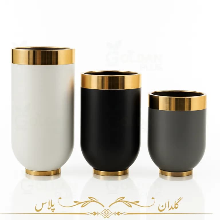 گلدان فایبر گلاس استوانه مدل سارین لبه فلزی- 3سایز — تصویر ۲